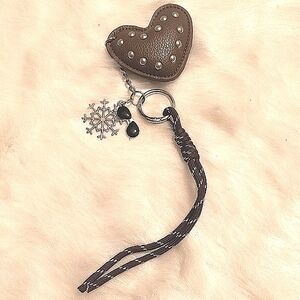 Brown Vegan Leather Heart Keychain with Silver Studs Accents